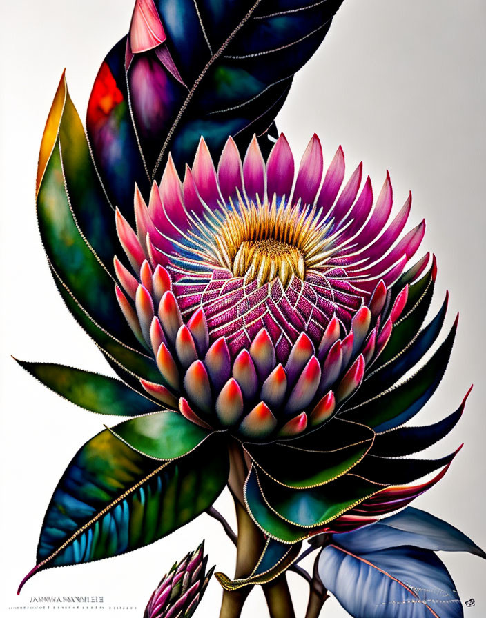 Detailed digital painting of King Protea flower in vibrant colors