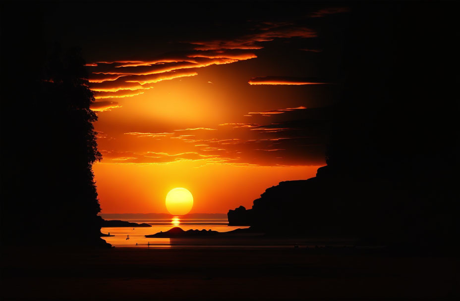 Vibrant beach sunset with landform silhouettes and boat in orange-red sky