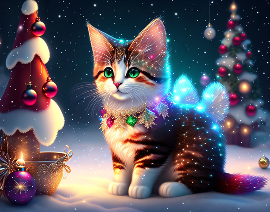 Colorful Christmas-themed artwork featuring a kitten with sparkling fur surrounded by festive decorations.