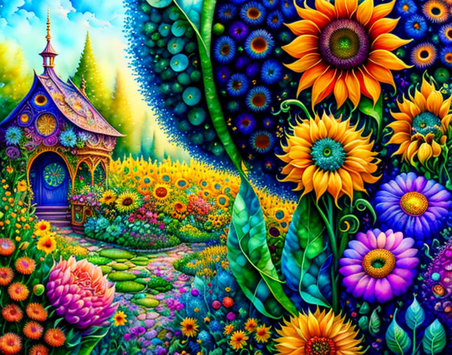 Colorful Fantasy Garden Illustration with Sunflowers and Whimsical Cottage