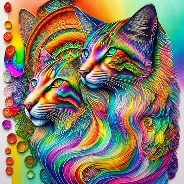 Colorful Psychedelic Artwork: Two Cats with Mandala Patterns