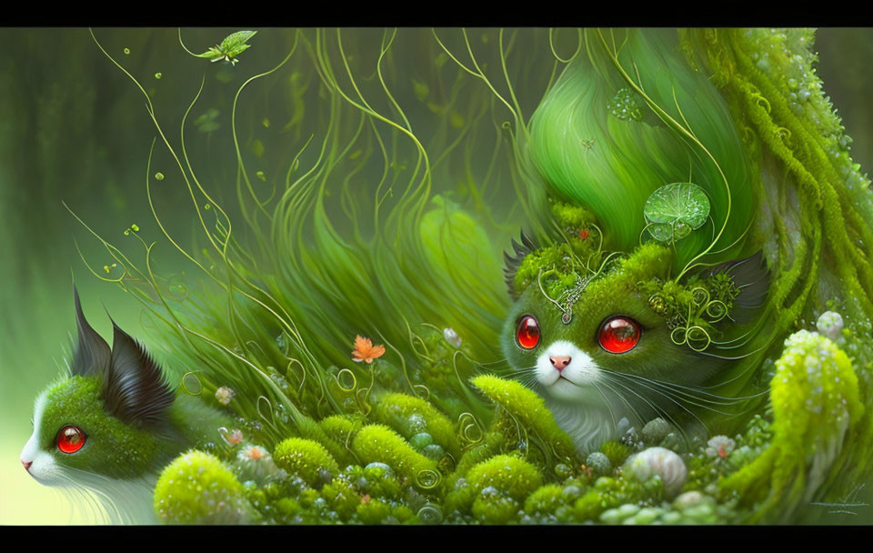 Fantasy illustration of green mossy cats in enchanted forest