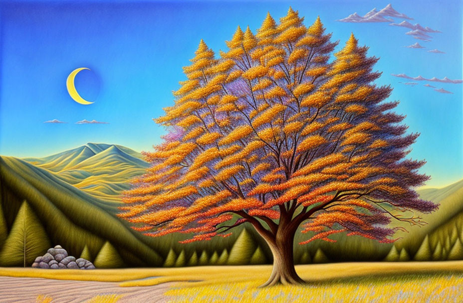 Vibrant orange tree painting with mountains, moon, and birds