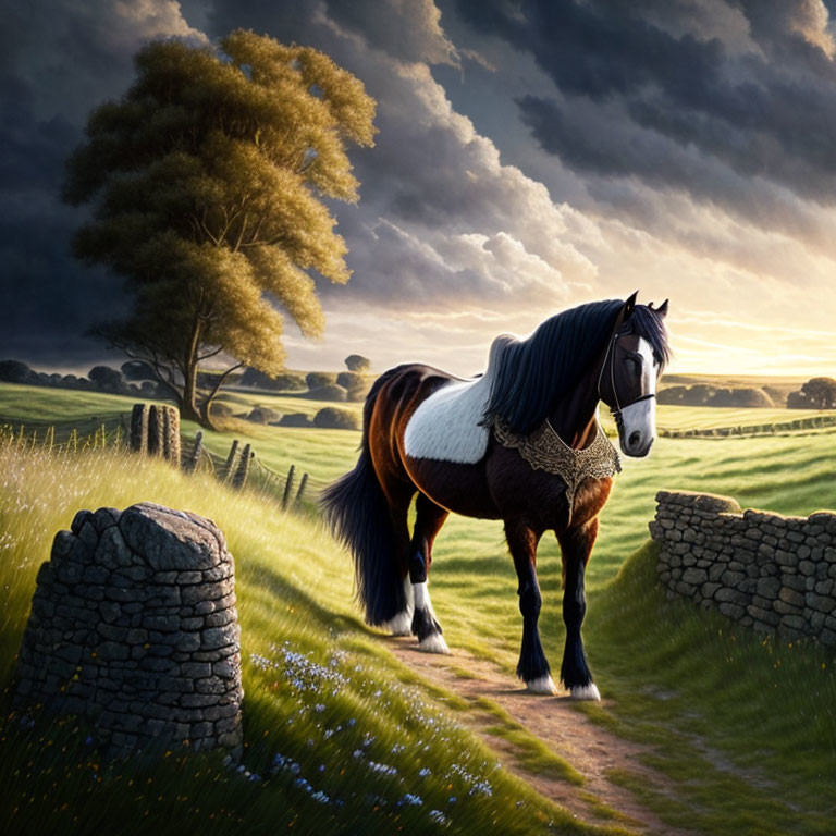 Piebald Horse in Serene Pasture with Stone Wall at Sunset