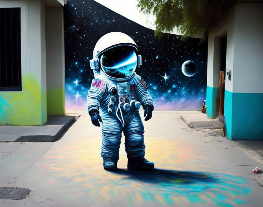 Street wall mural of astronaut with cosmic backdrop