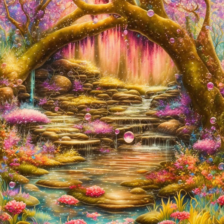 Colorful Flora and Stone Path in Vibrant, Magical Landscape