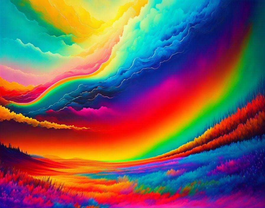 Colorful Abstract Landscape with Rainbow and Swirling Sky