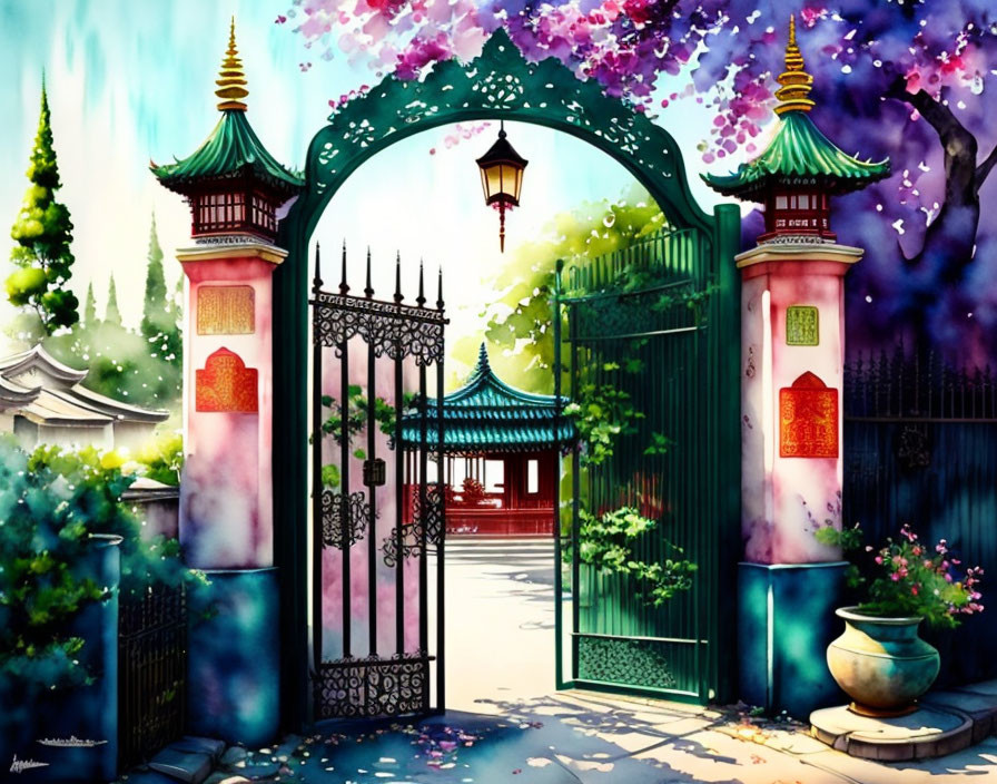 Traditional Asian gate in vibrant illustrated scene.