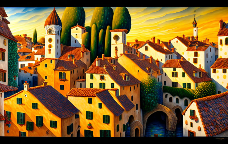 Colorful painting of whimsical village at sunset