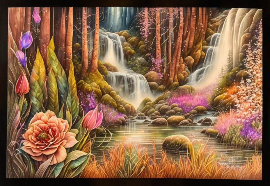 Serene waterfall painting with lush forests and river