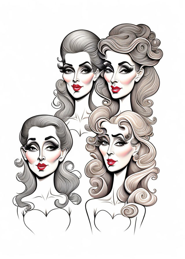 Stylized monochrome illustration of four women with exaggerated features