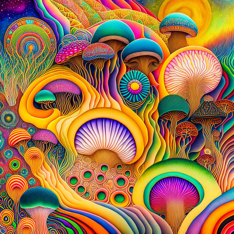 Colorful psychedelic mushrooms in abstract landscape.