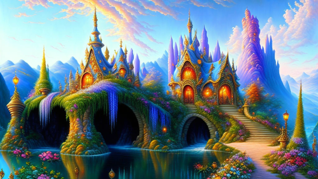 Enchanting castle in vibrant fantasy landscape