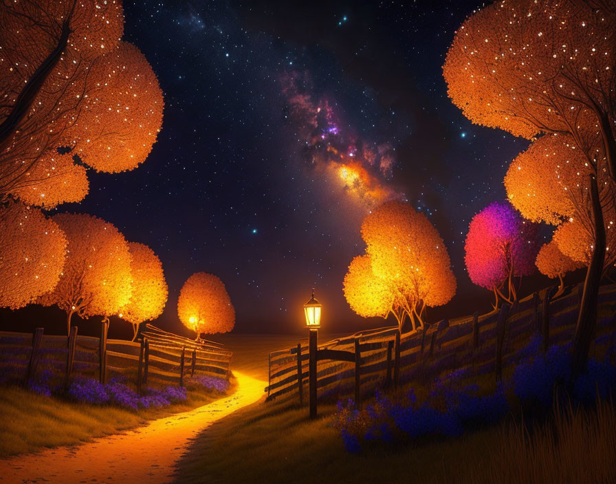 Enchanting night landscape with glowing trees and street lamp