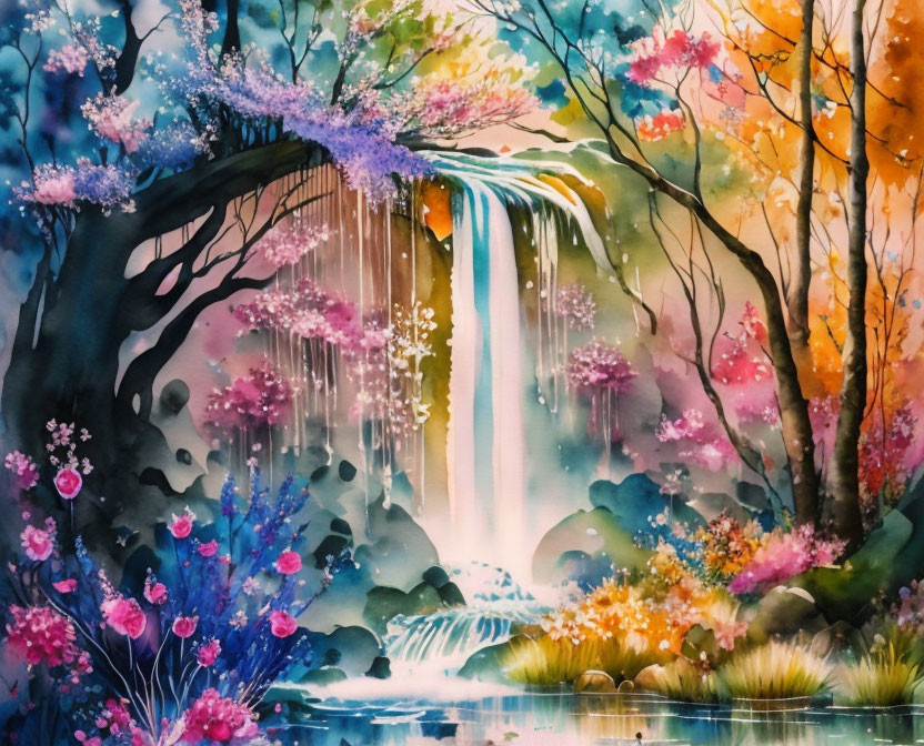 Colorful Watercolor Painting of Ethereal Waterfall in Mystical Forest