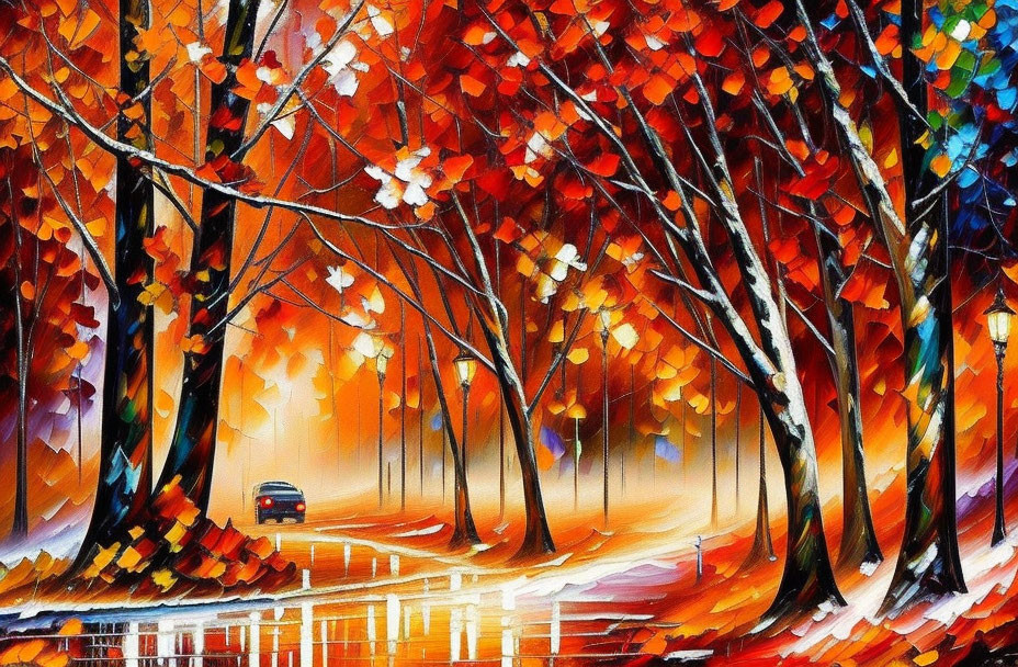 Colorful autumn tree-lined road painting with blue car and street lamps