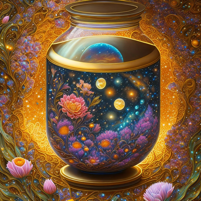 Colorful Cosmos Scene Vase with Flowers and Celestial Patterns