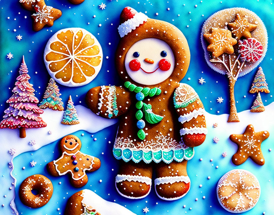 Vibrant Gingerbread Cookies with Icing on Blue Snowy Background