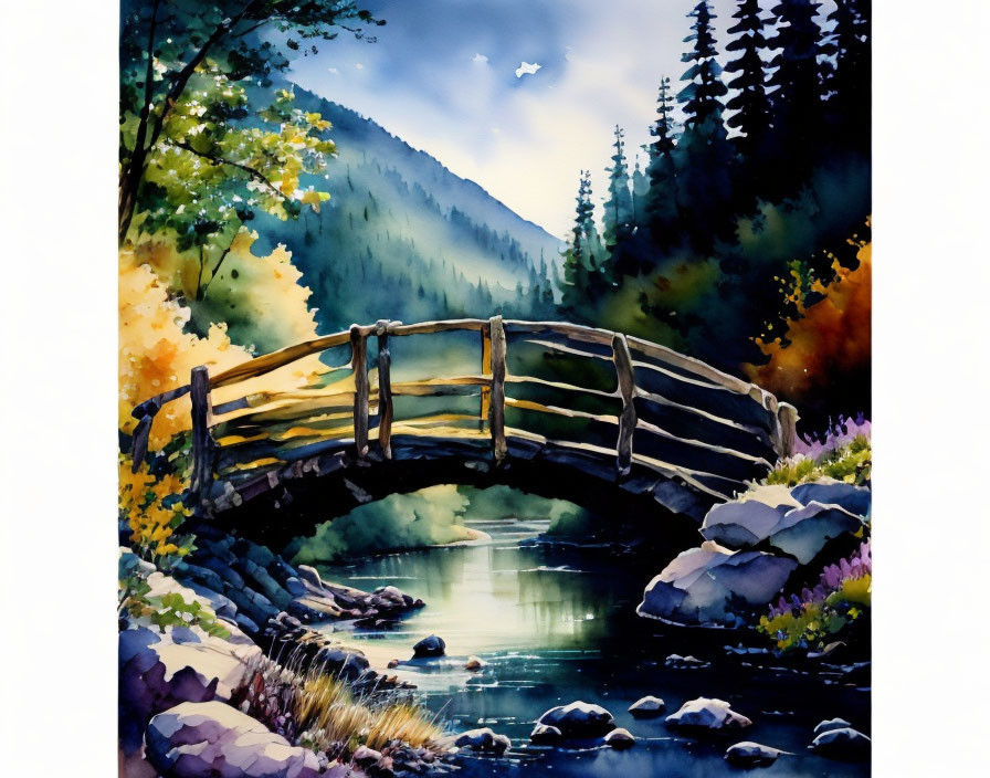 Serene landscape watercolor painting with wooden bridge and lush greenery