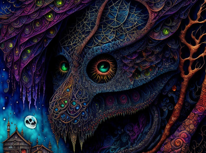 Psychedelic creature with multiple eyes under starry sky