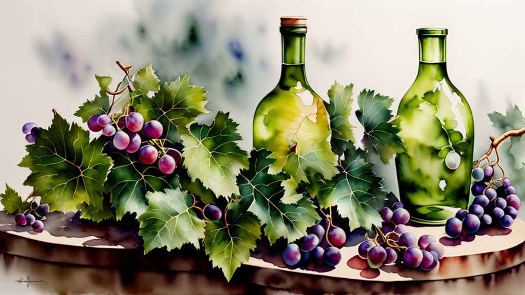 Watercolor painting of wine bottles, grape leaves, and grapes