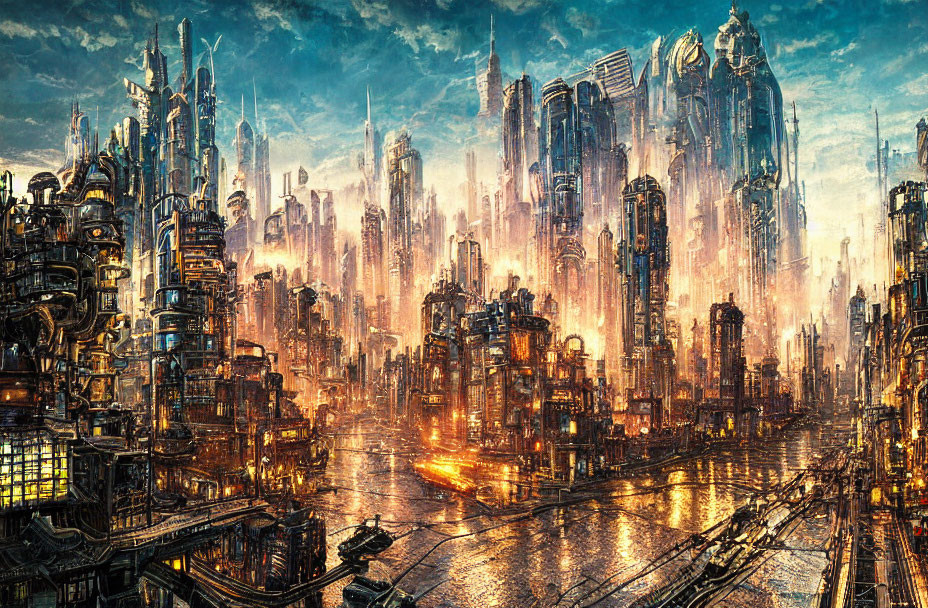 Futuristic cityscape at dusk with skyscrapers and aerial traffic