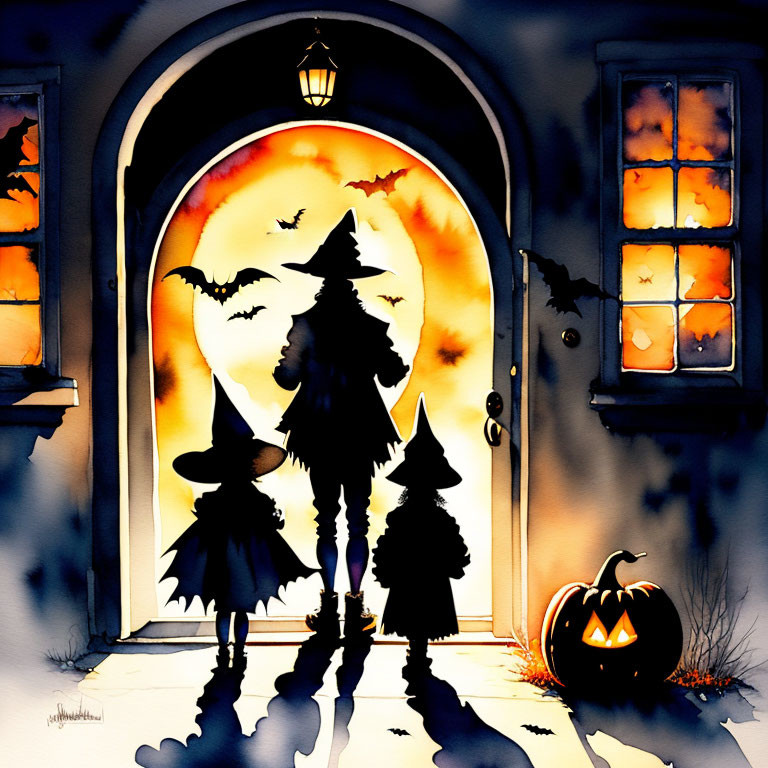 Three witches silhouetted against full moon with bats and jack-o'-lantern.