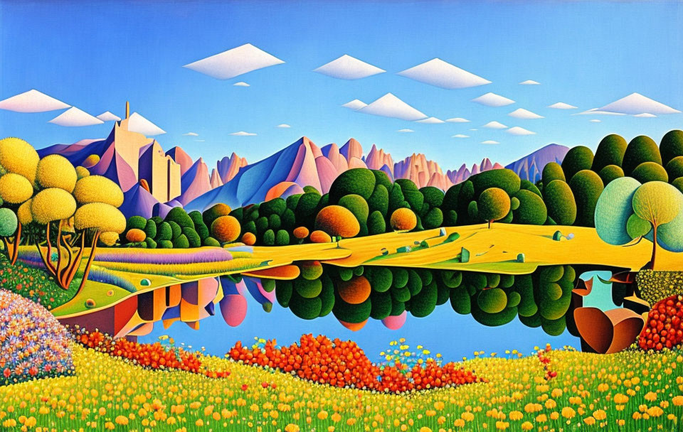 Colorful landscape with whimsical trees, rolling hills, lake, and mountains under blue sky