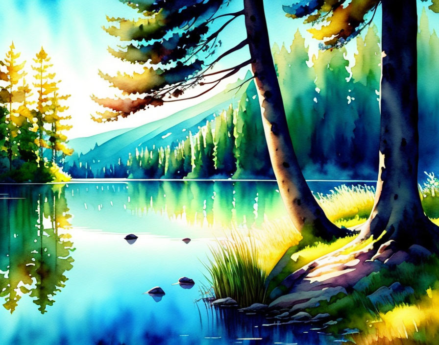 Serene lakeside scene with lush trees and shimmering reflections