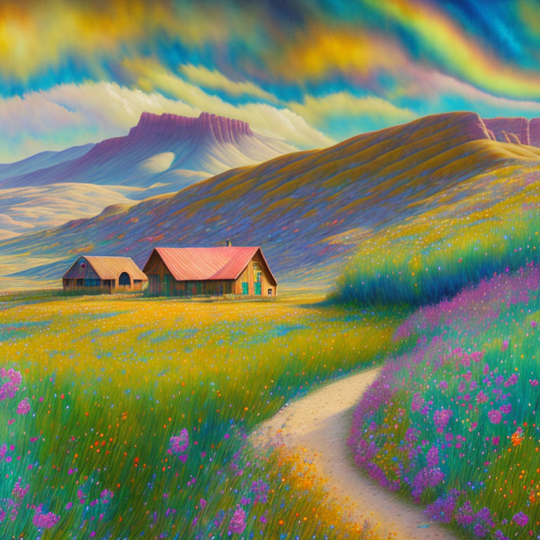 Colorful countryside painting with cottages, flower field, path, and rainbow.