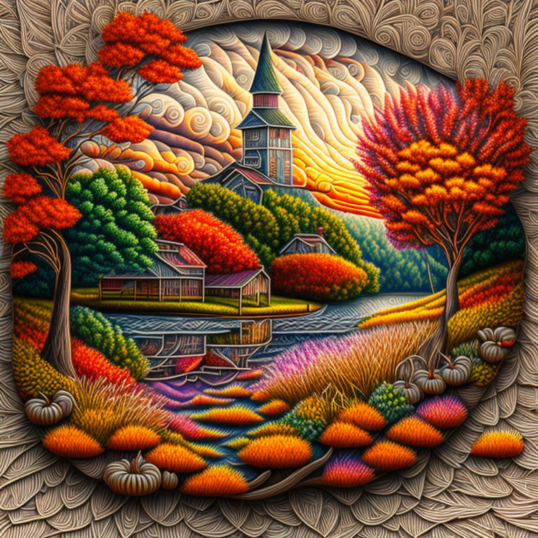 Exaggerated autumn landscape with vibrant colors, pond, buildings