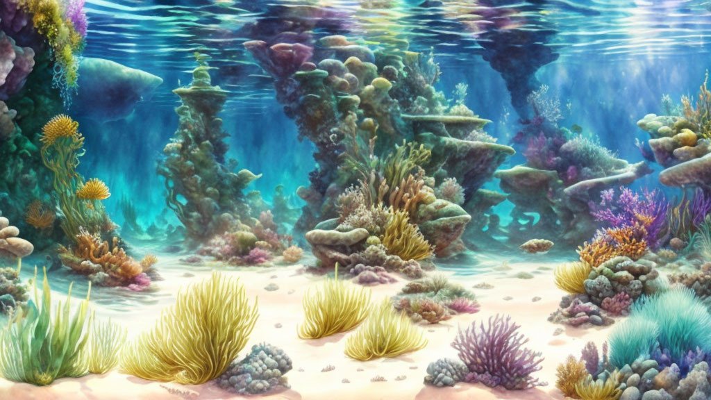 Colorful Coral, Seaweed, and Anemones in Clear Blue Water