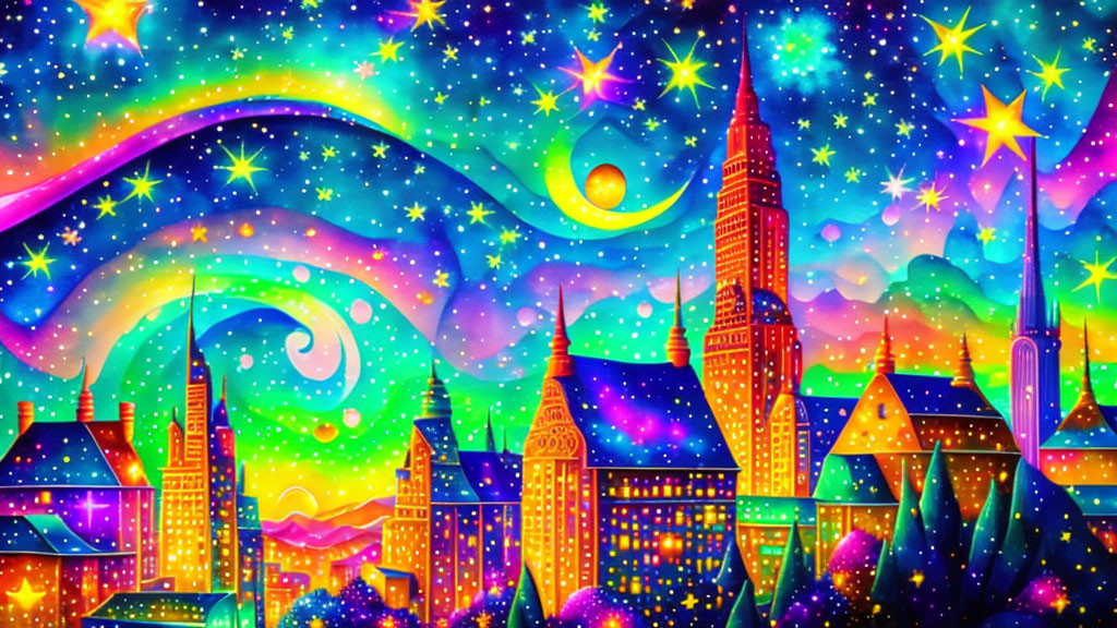 Colorful cityscape under starry night sky with crescent moon