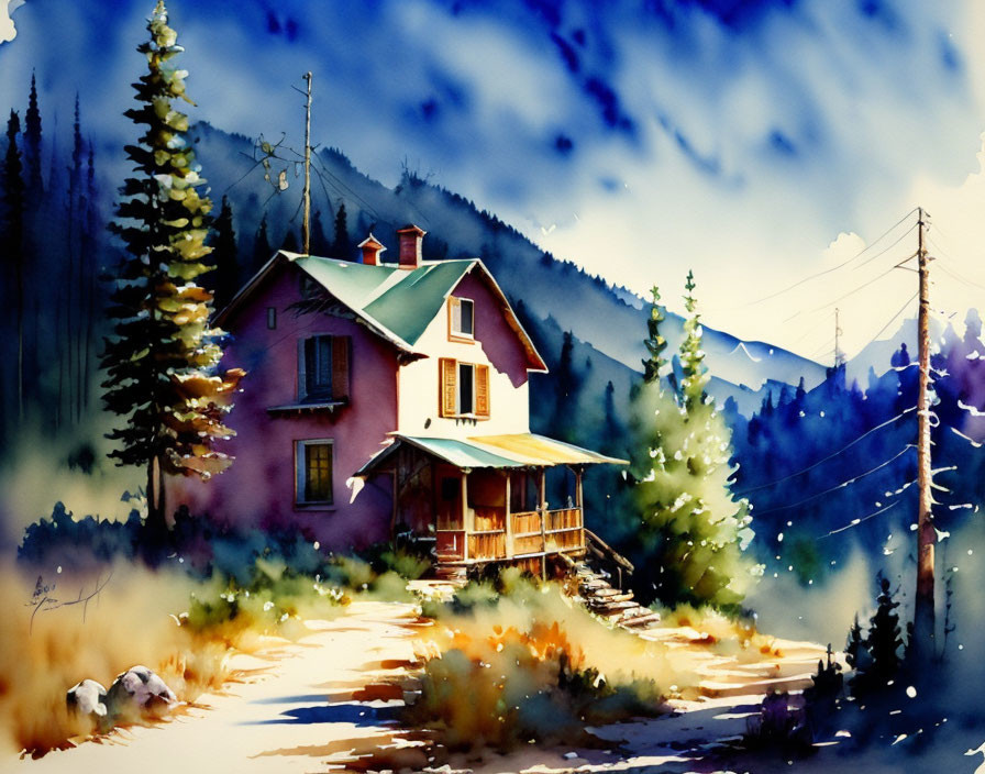 Vibrant watercolor: Cozy house in snowy mountain landscape