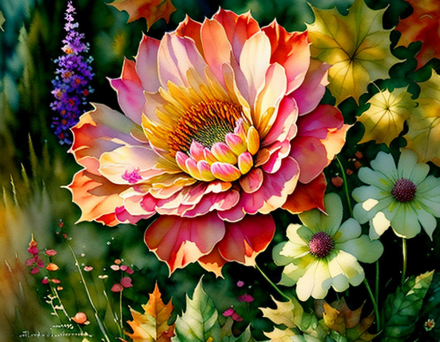 Colorful painting of large pink and yellow flower with green foliage
