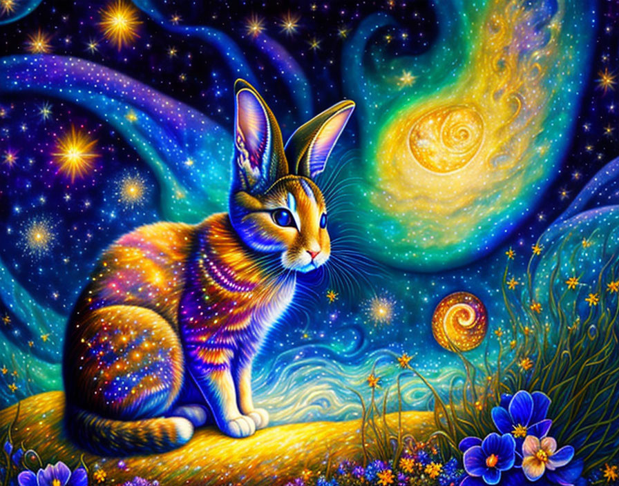 Colorful Cosmic Cat Painting Against Celestial Background