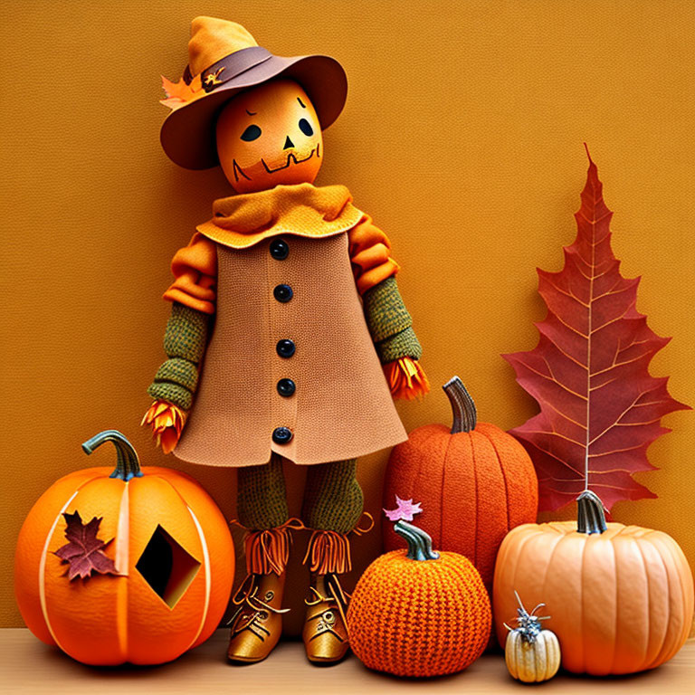 Cheerful scarecrow with pumpkins and fall leaf on orange background