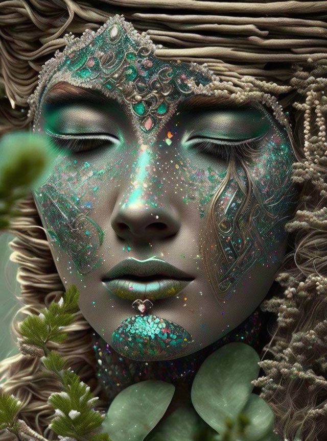 Close-up of person's face with teal and gold makeup and decorative headpiece against greenery.