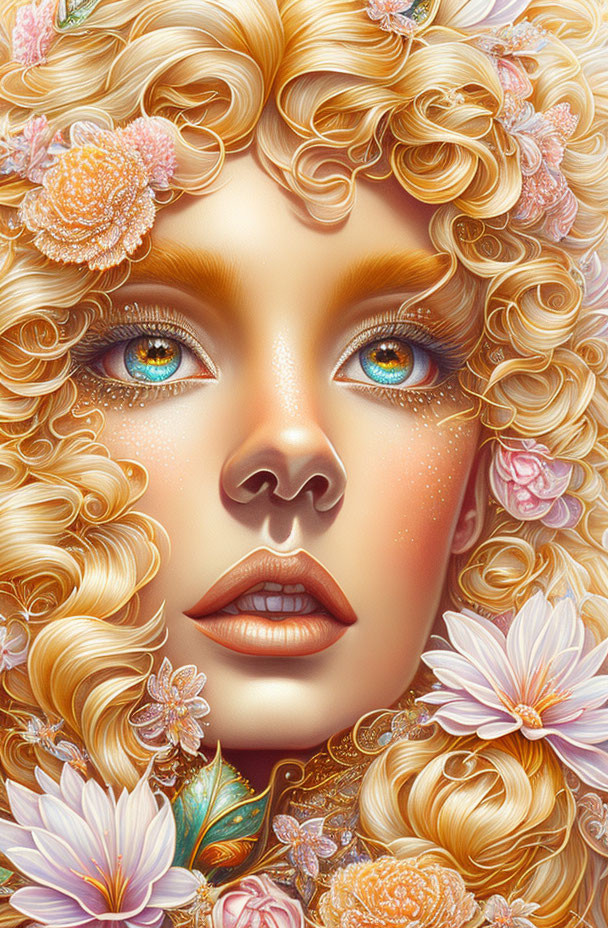 Golden-haired woman with blue eyes surrounded by flowers and freckles.