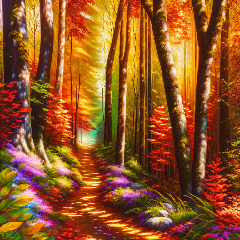 Colorful Forest Path with Sunbeams and Lush Foliage