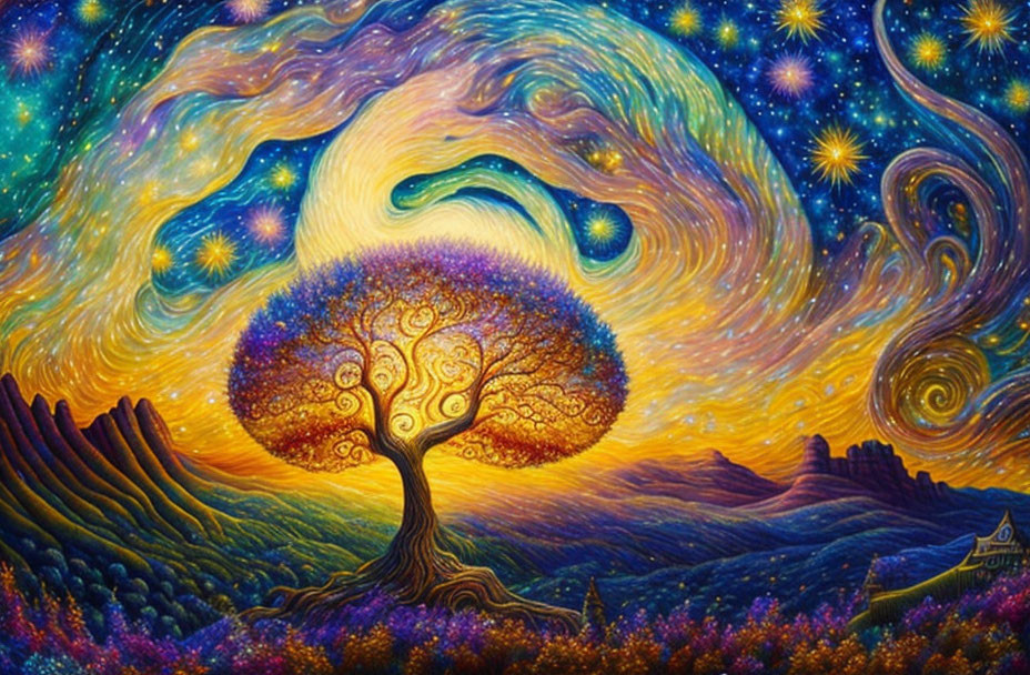 Vivid Psychedelic Landscape with Glowing Tree & Starry Sky