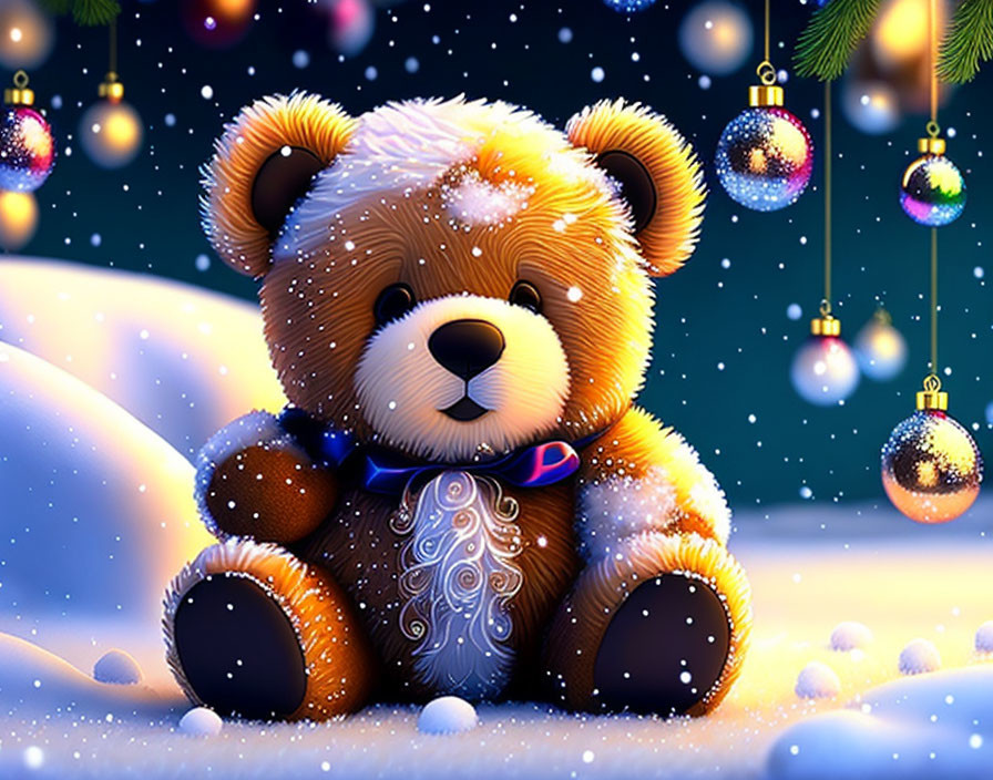 Snowflake Teddy Bear with Blue Scarf Among Christmas Ornaments