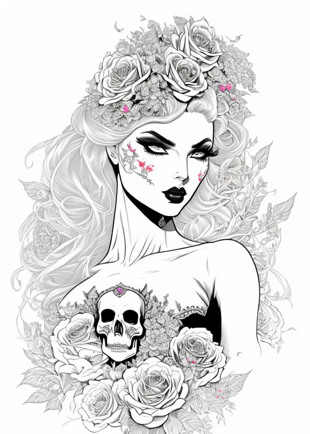 Monochrome illustration of woman with roses, skull pendant, and floral elements