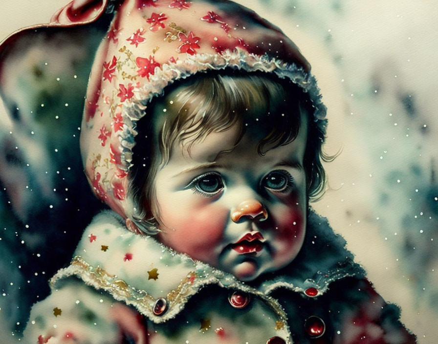 Baby in winter coat with big eyes and snowy background.