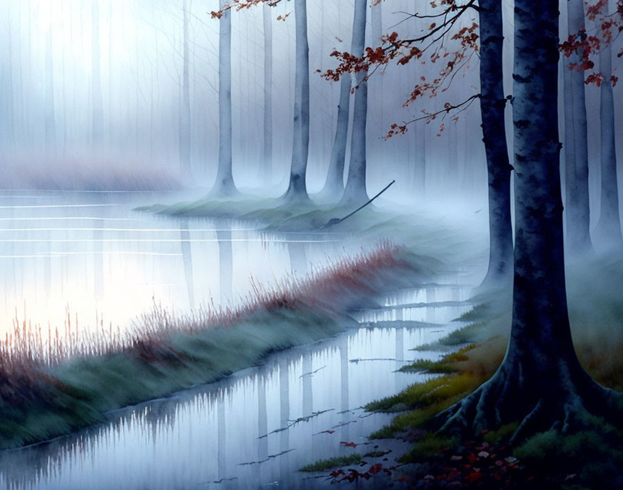 Tranquil foggy forest scene with blue tones and reflective stream