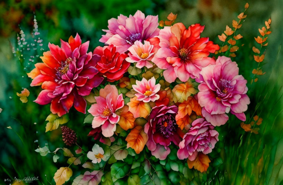 Colorful Watercolor Painting of Multicolored Flowers and Green Foliage