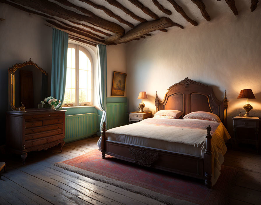 Vintage Wooden Bed in Cozy Rustic Bedroom