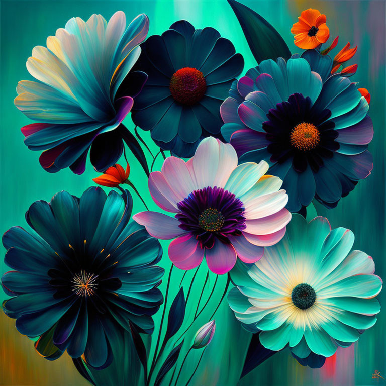 Colorful Stylized Flower Digital Painting on Turquoise Background