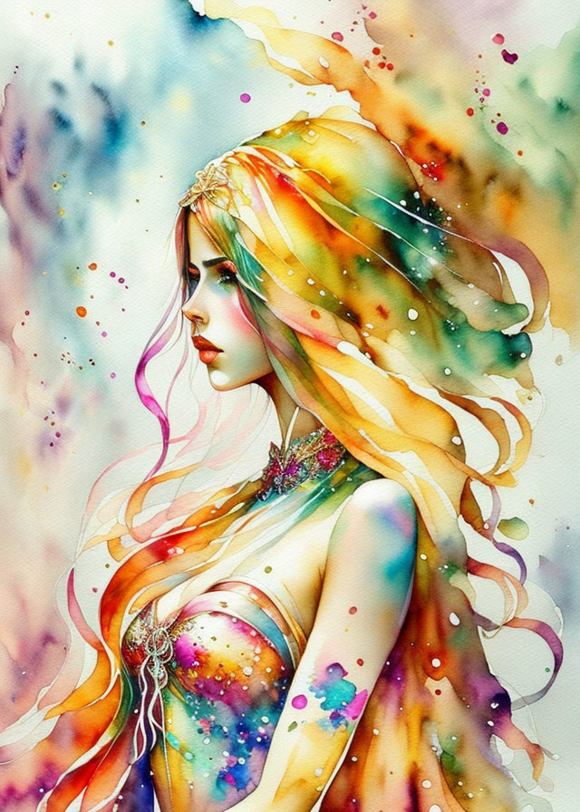 Colorful watercolor painting of a woman with multicolored hair and delicate headpiece.