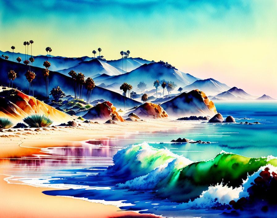 Colorful Beach Scene with Palm Trees and Mountains